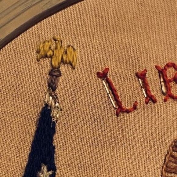 Vintage Liberty Bell Framed Crewel Needlework Americana 13” Round Patriotic Art - Picture 2 of 9